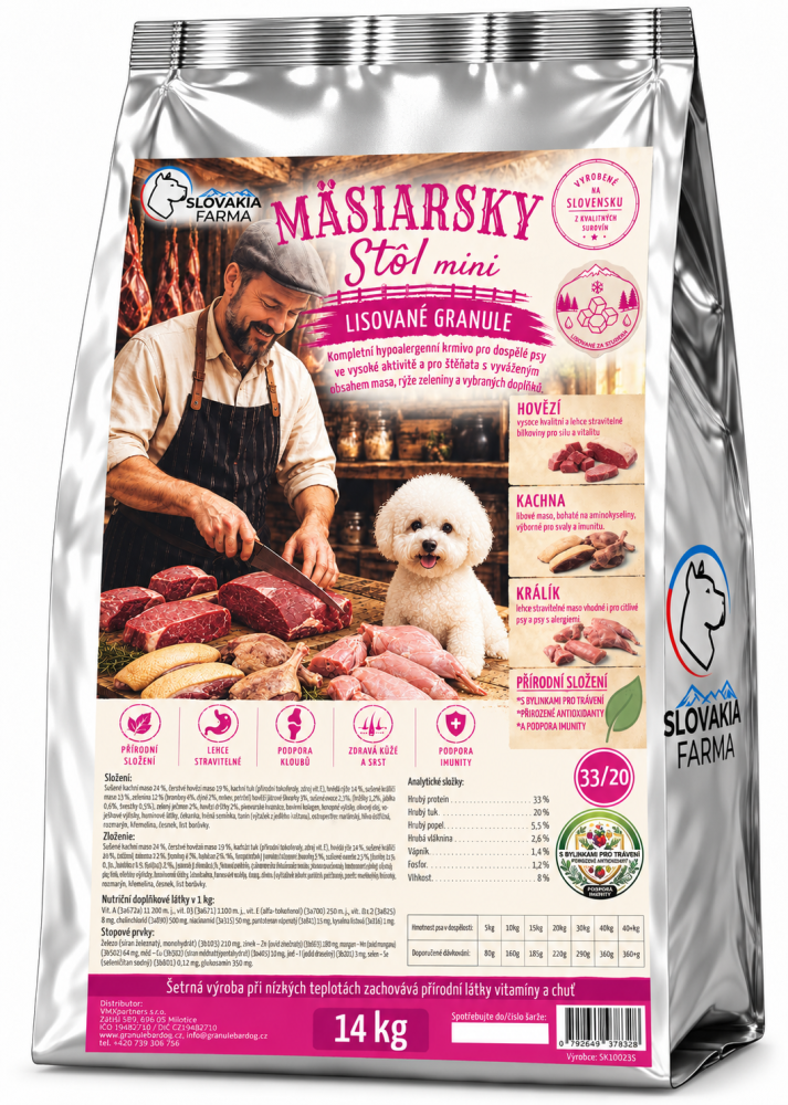 Lisované hypoalergenní Granule Slovakia Farma - Mäsiarsky stôl MINI 33/20 - 14 kg