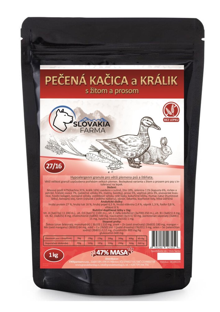 Hypoalergenní Granule Slovakia Farma - Pečená kačica a králik s žitom a prosom 27/16 - 1 kg