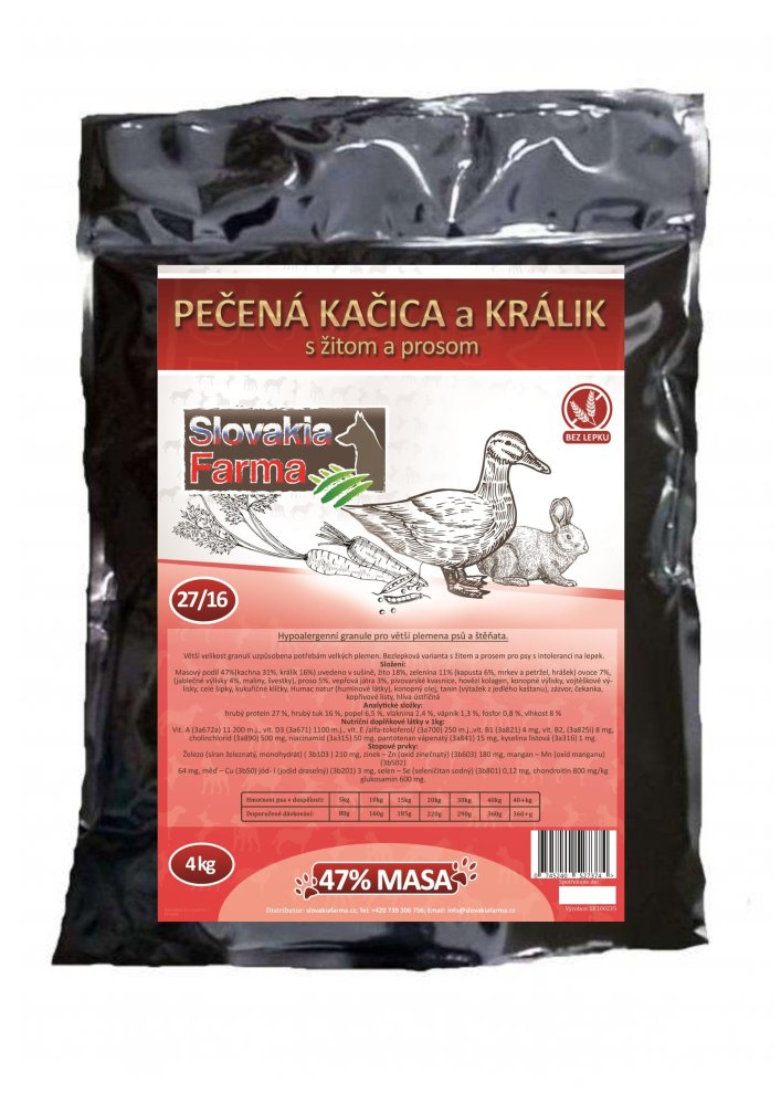 Hypoalergenní Granule Slovakia Farma - Pečená kačica a králik s žitom a prosom 27/16 - 4 kg