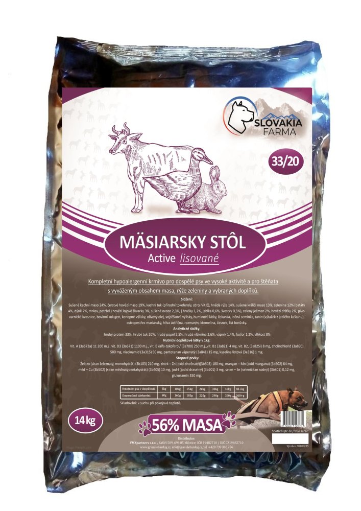 Lisované hypoalergenní Granule Slovakia Farma - Mäsiarsky stôl 33/20 - 14 kg