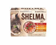 SHELMA Cat kuřecí, hovězí, kachní a krůtí, kapsa 85 g (12 ks)
