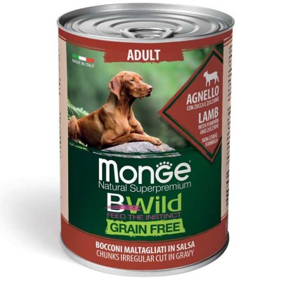 MONGE BWILD DOG Adult Grain Free, Jehněčí kousky v omáčce s dýní a cuketou 400g