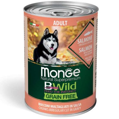 MONGE BWILD DOG Adult Grain Free, Lososové kousky v omáčce s dýní a cuketou 400g