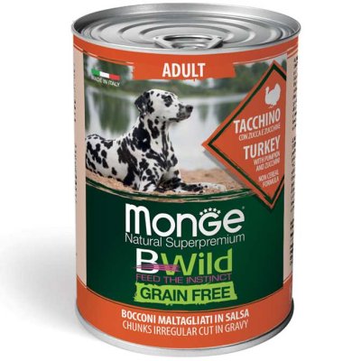 MONGE BWILD DOG Adult Grain Free, Krůtí kousky v omáčce s dýní a cuketou 400g