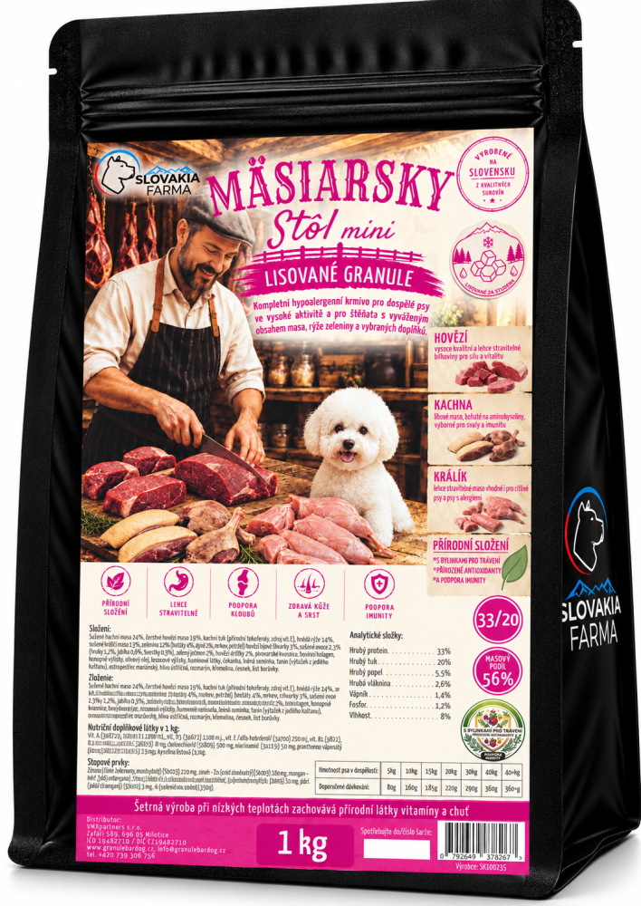 Lisované hypoalergenní Granule Slovakia Farma - Mäsiarsky stôl MINI 33/20 - 1 kg