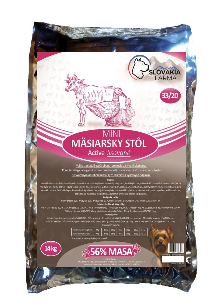 Lisované hypoalergenní Granule Slovakia Farma - Mäsiarsky stôl MINI 33/20 - 14 kg