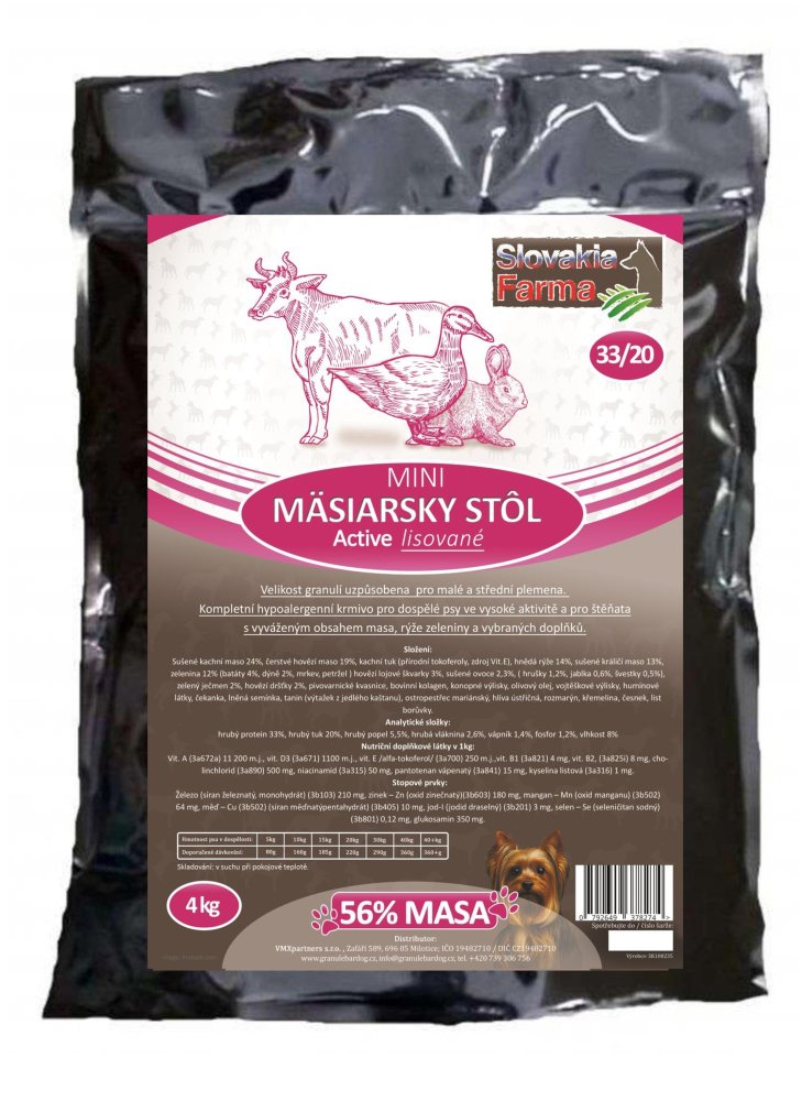 Lisované hypoalergenní Granule Slovakia Farma - Mäsiarsky stôl MINI 33/20 - 4 kg