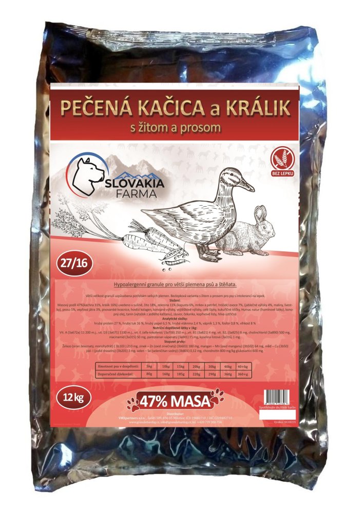 Hypoalergenní Granule Slovakia Farma - Pečená kačica a králik s žitom a prosom 27/16 - 12 kg