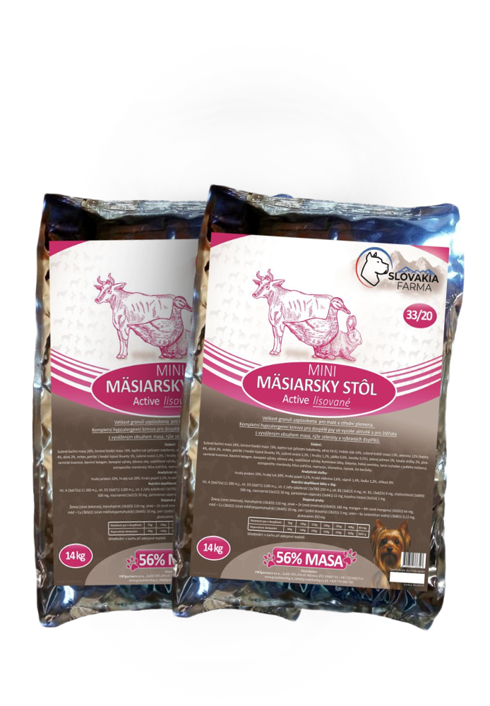 Lisované hypoalergenní Granule Slovakia Farma - Mäsiarsky stôl MINI 33/20 - 2 x 14 kg
