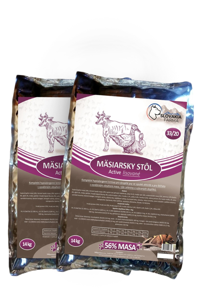 Lisované hypoalergenní Granule Slovakia Farma - Mäsiarsky stôl 33/20 - 2 x 14 kg