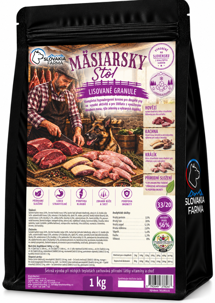 Lisované hypoalergenní Granule Slovakia Farma - Mäsiarsky stôl 33/20 - 1 kg