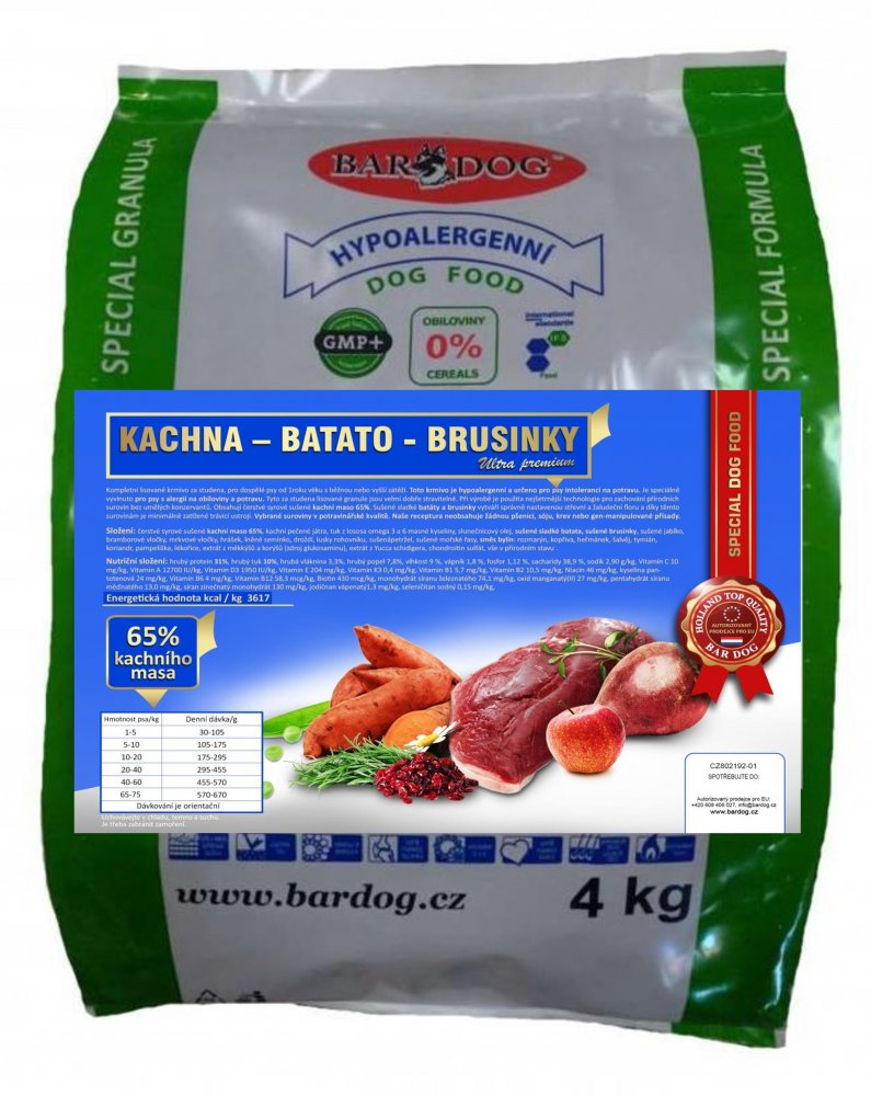 Lisované granule BARDOG KACHNA – BATATO – BRUSINKY 4 kg