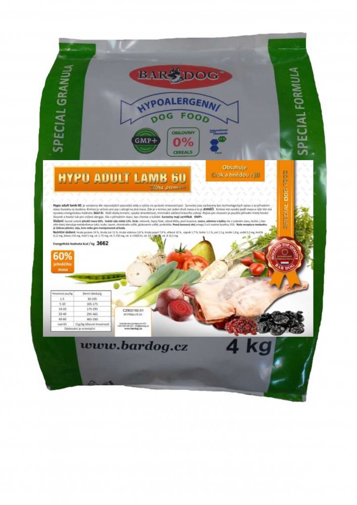 Bardog Lisované granule za studena Lisované granule za studena Hypo Adult Lamb 60 4 kg