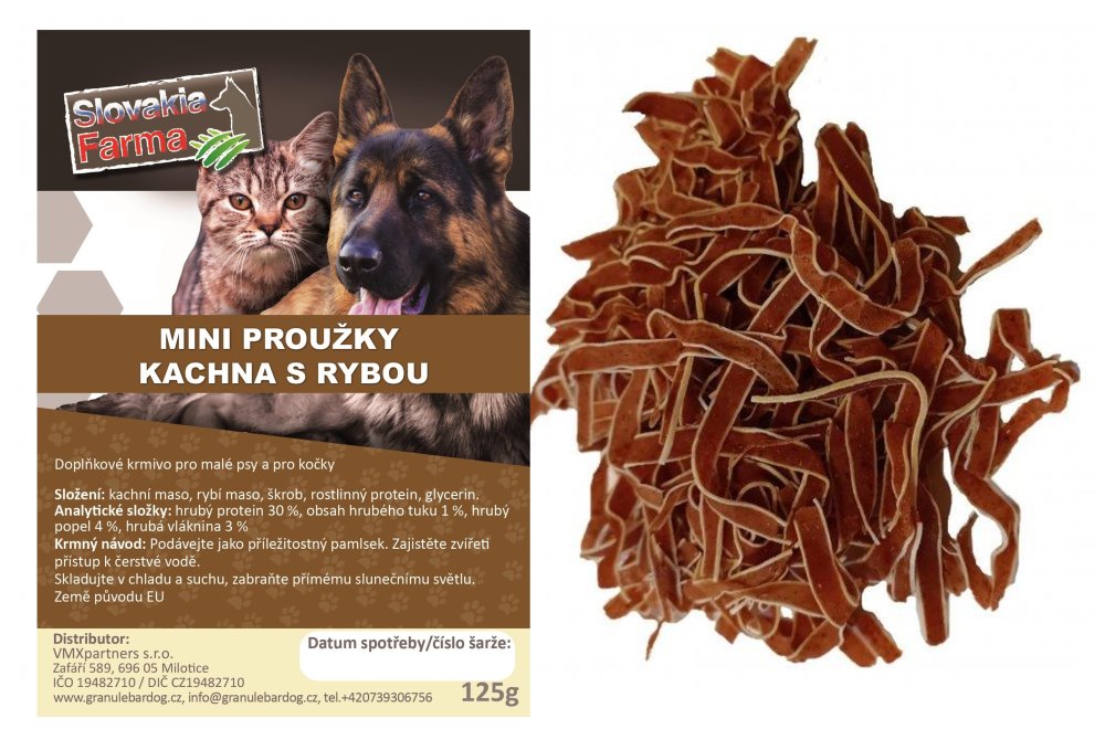 MINI proužky kachna s rybou 125 g – masový pamlsek Slovakia Farma