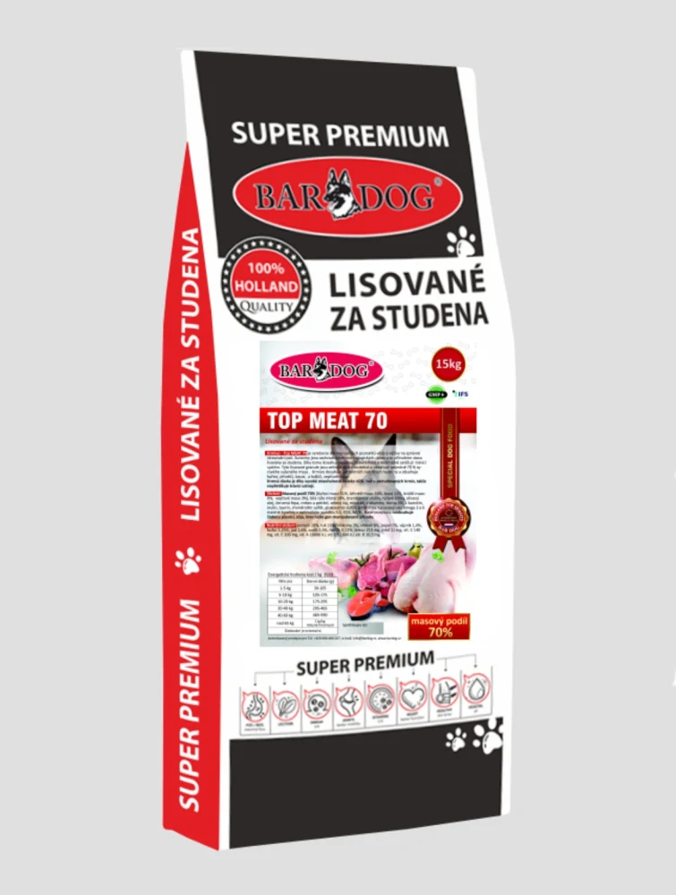 Bardog Top Meat 70 – lisované granule pro psy, 15 kg, 70 % masa