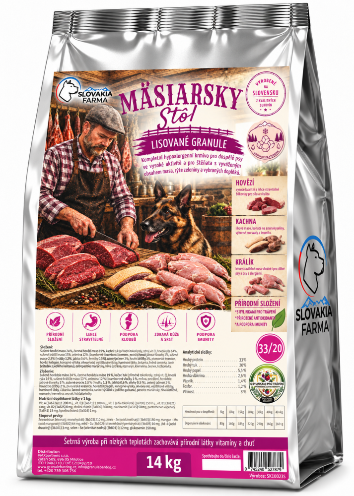 Lisované hypoalergenní Granule Slovakia Farma - Mäsiarsky stôl 33/20 - 14 kg