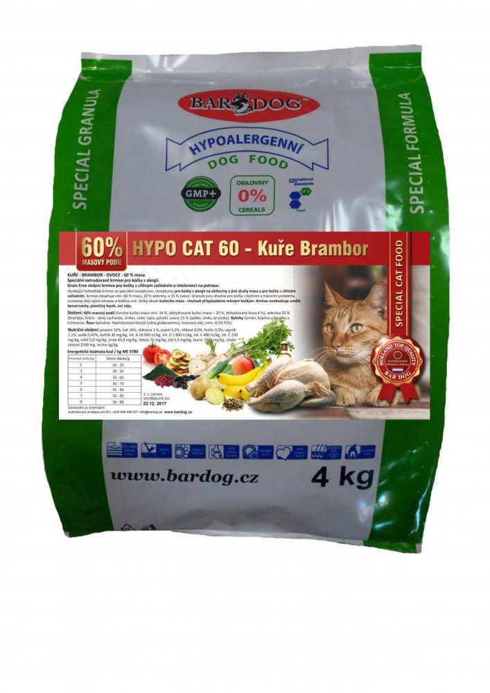 Bardkgog Hypoalergenní granule pro kočky Hypo Cat 60 - Kuře Brambor 32/18 4 kg