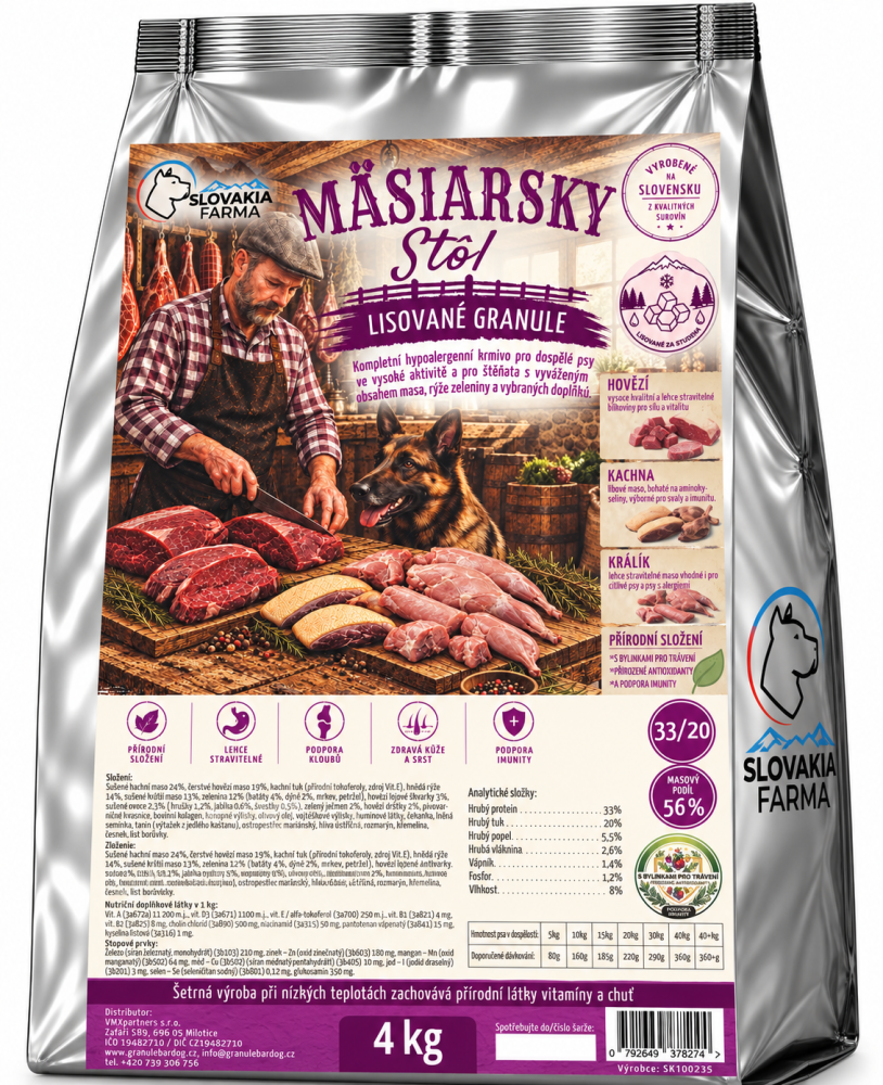 Lisované hypoalergenní Granule Slovakia Farma - Mäsiarsky stôl 33/20 - 4 kg