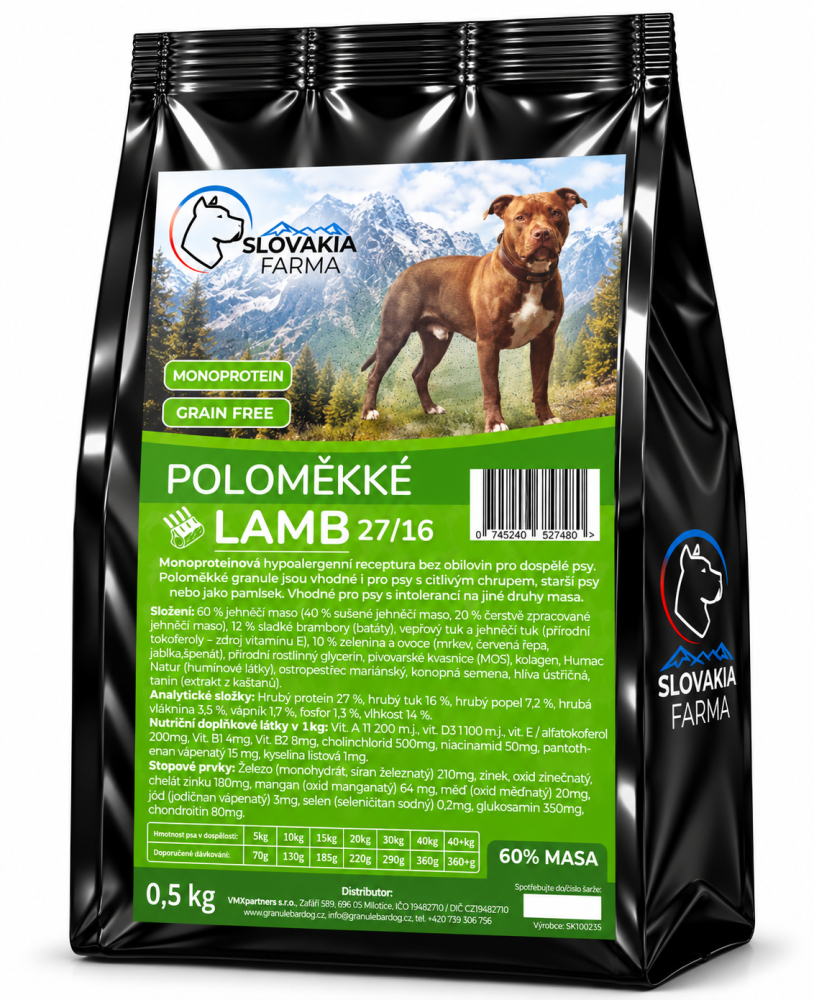 Poloměkké hypoalergenní Granule Slovakia Farma - Lamb 27/16 - 0,5 kg