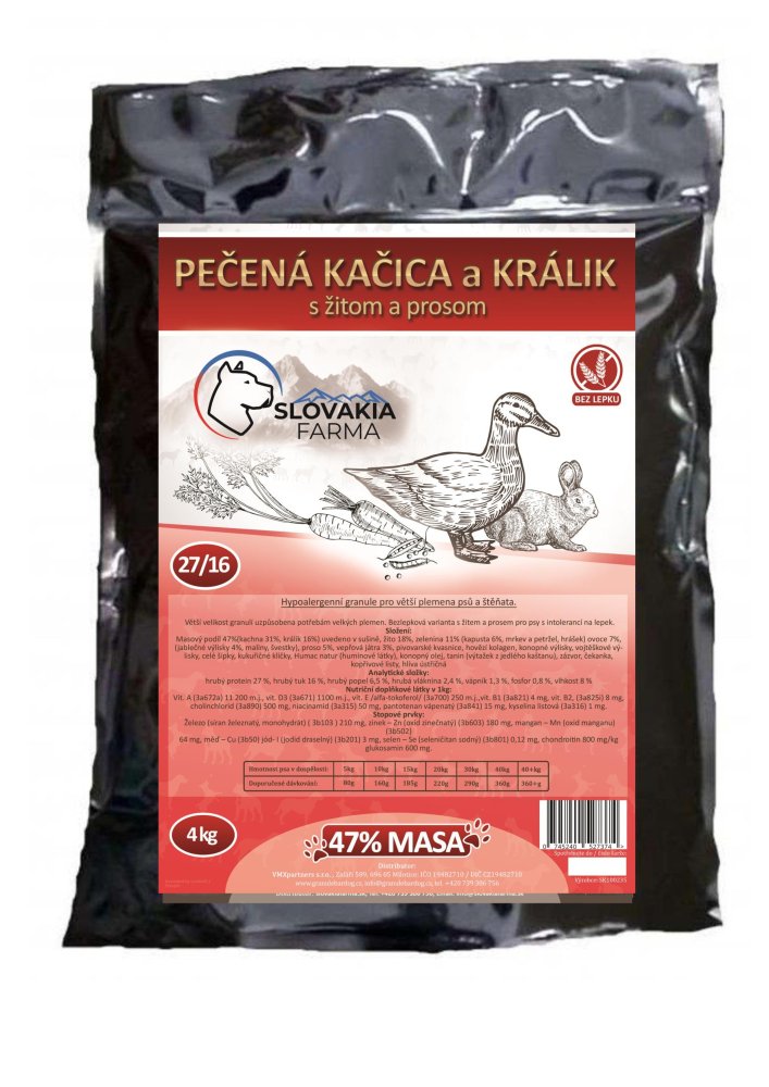 Hypoalergenní Granule Slovakia Farma - Pečená kačica a králik s žitom a prosom 27/16 - 4 kg