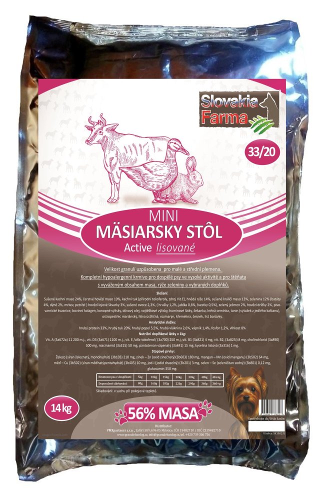 Lisované hypoalergenní Granule Slovakia Farma - Mäsiarsky stôl MINI 33/20 - 14 kg