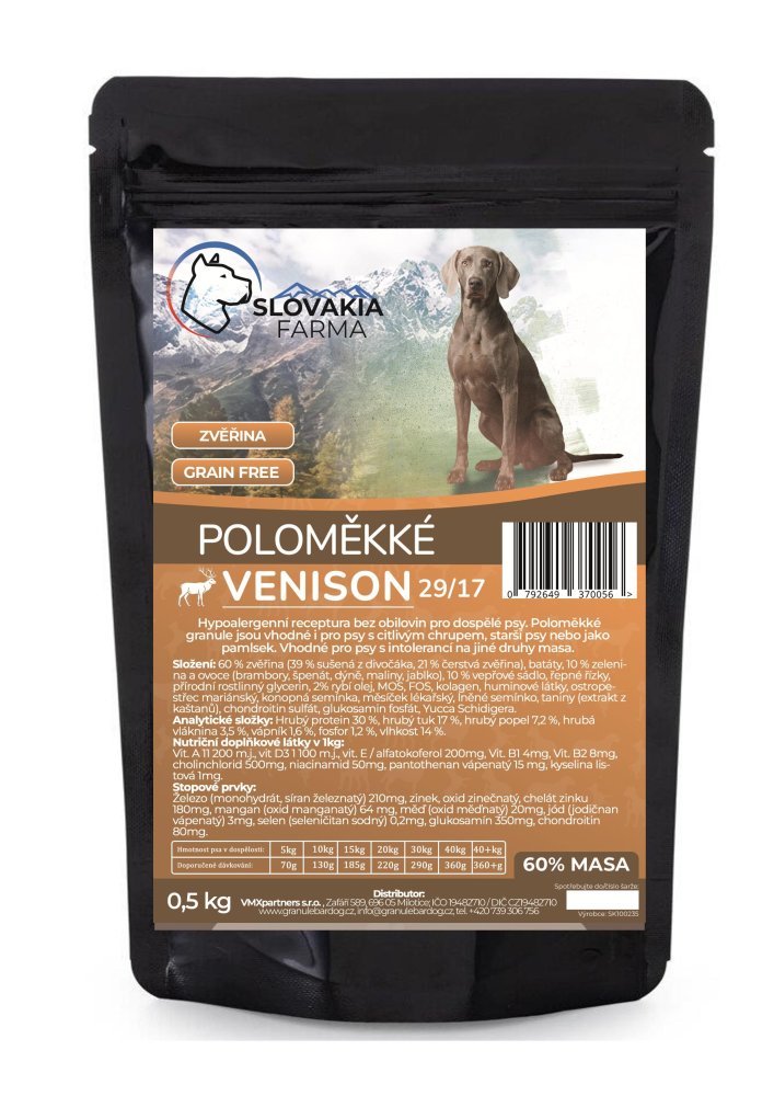 Poloměkké hypoalergenní Granule Slovakia Farma - Venison 30/17 - 0,5 kg