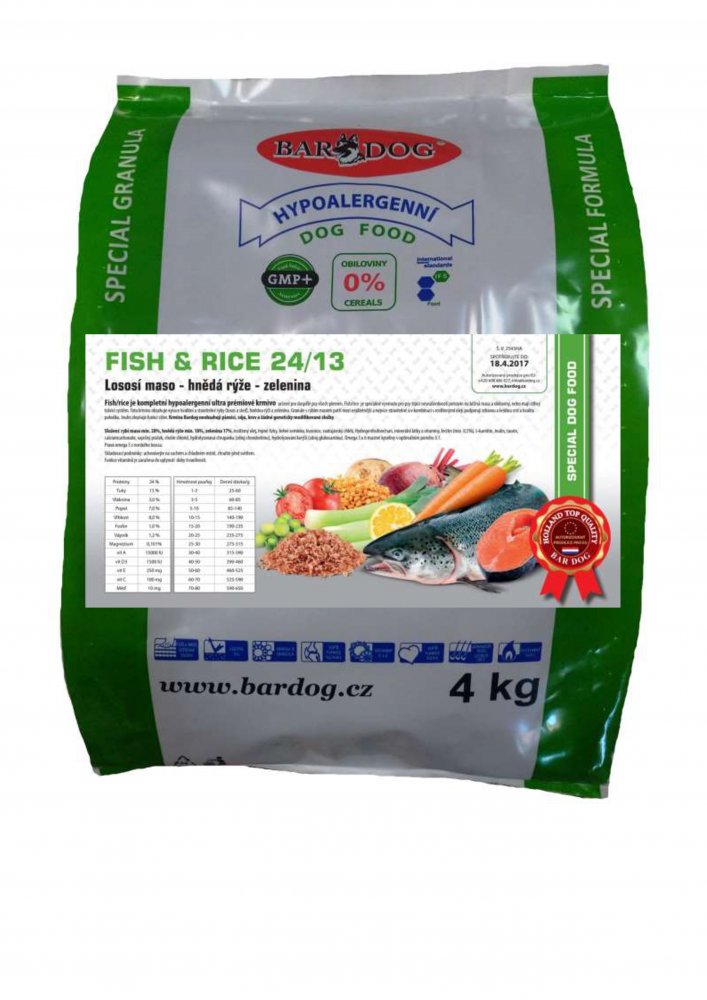 Bardog Hypoalergenní granule Fish rice 24/13 4 kg