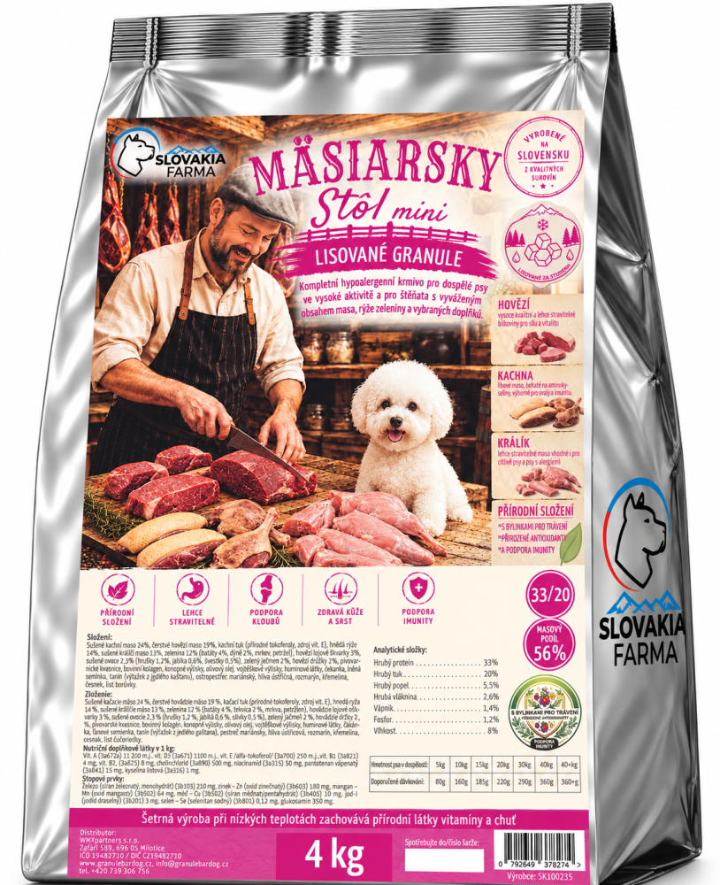 Lisované hypoalergenní Granule Slovakia Farma - Mäsiarsky stôl MINI 33/20 - 4 kg